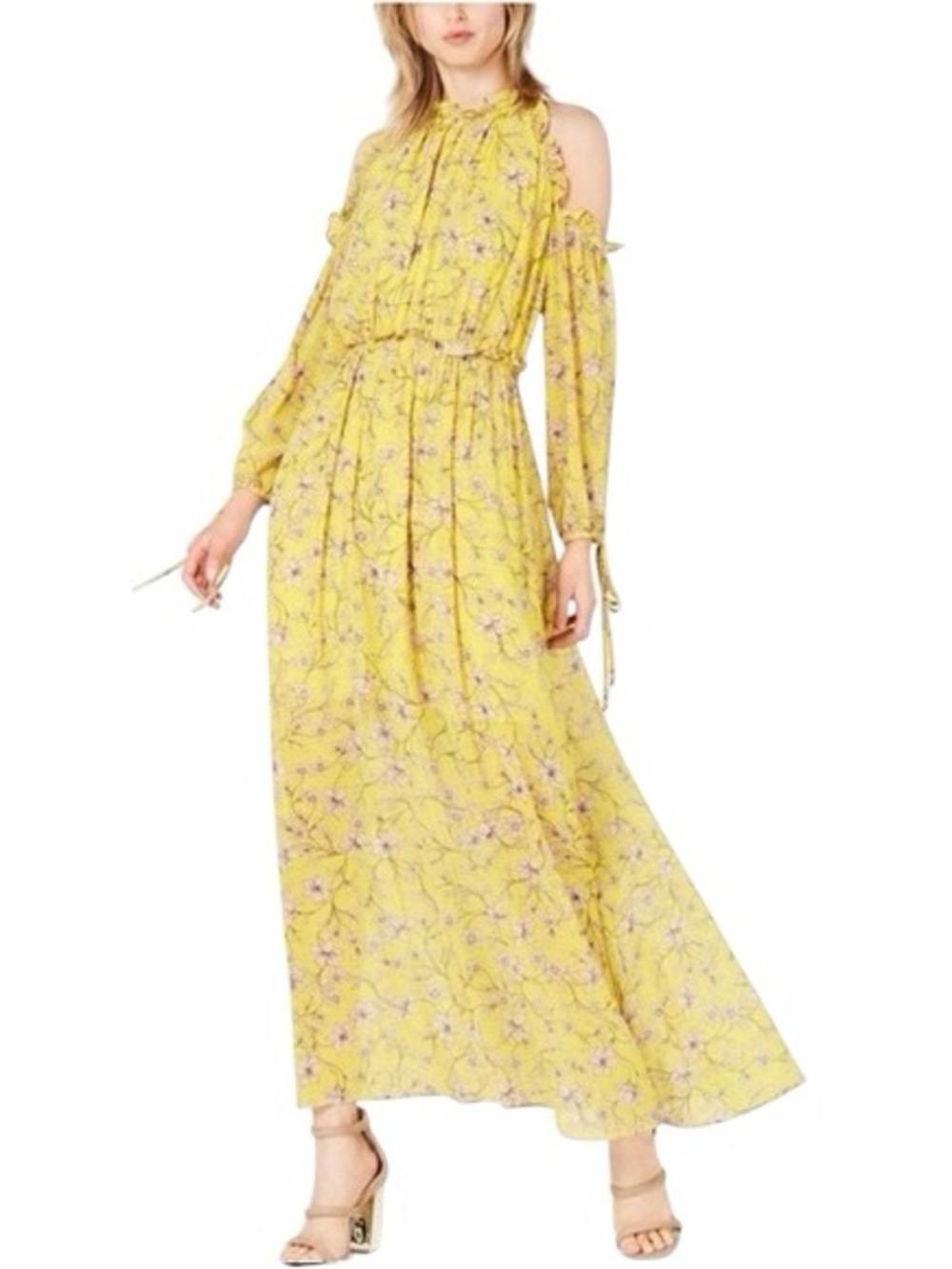NWOT Avec Les Filles Cold-Shoulder Floral Ruffle Maxi Dress